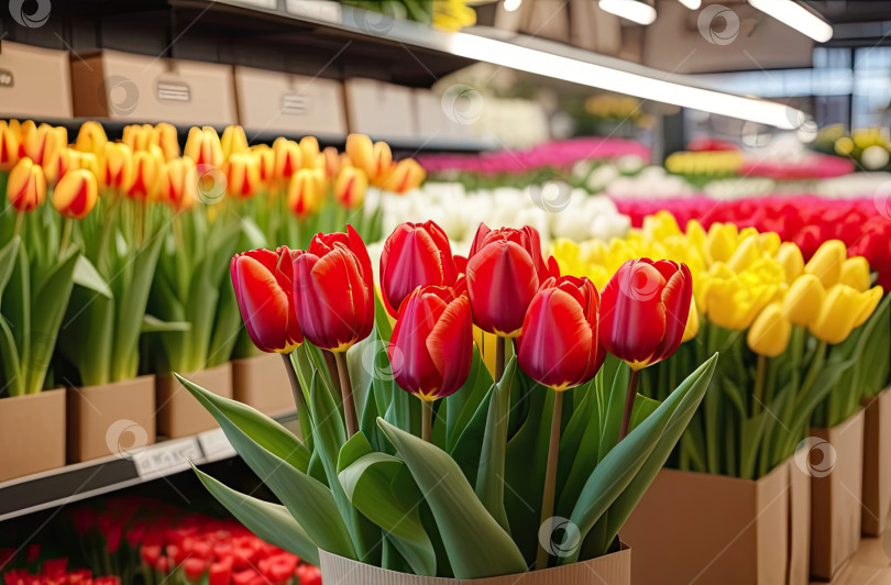 Скачать Красочные букеты тюльпанов в цветочном магазине - свежесрезанные цветы в коробках и вазах на складе и стеллажах для продажи, доставка к празднику. Весна, 8 марта, женский день, день рождения. Искусственный интеллект сгенерировал фотосток Ozero