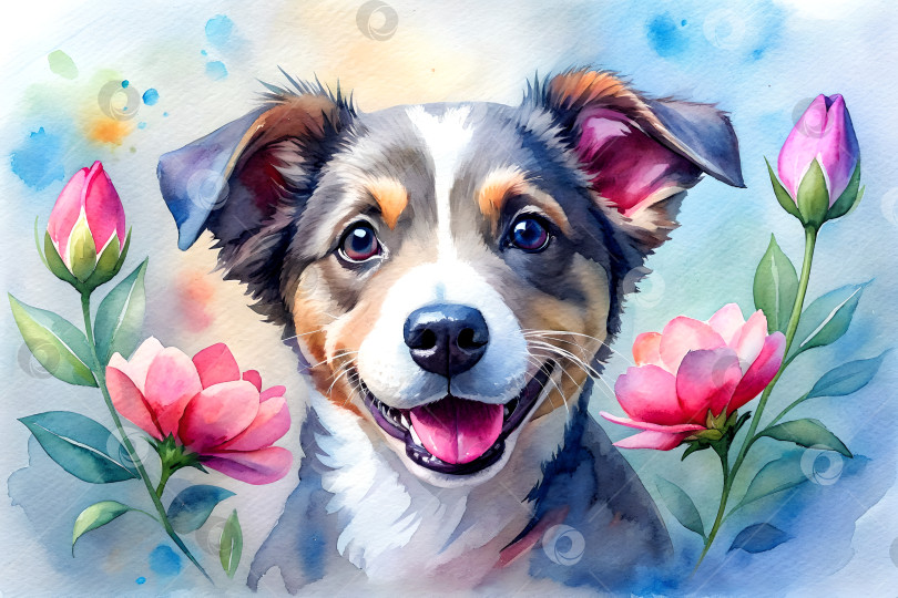 Скачать Акварельный портрет милой собачки с цветами фотосток Ozero