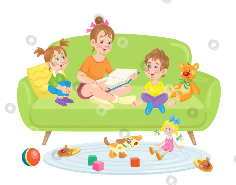Скачать Дети читают книгу, сидя на диване. фотосток Ozero