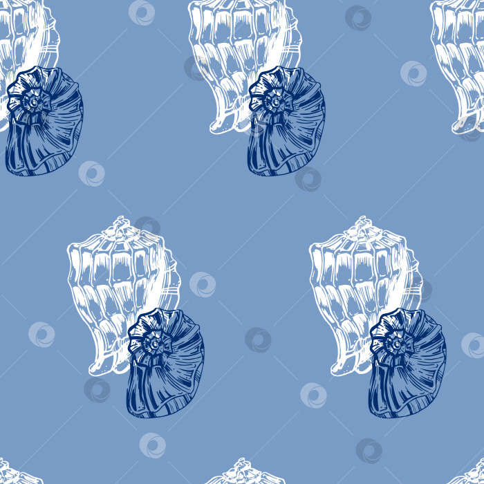 Скачать Бесшовный узор из раковин подводных обитателей. Морской фон. В стиле эскиза. Белый орнамент на синем фоне. Векторная иллюстрация для фонового дизайна, упаковки, текстиля фотосток Ozero