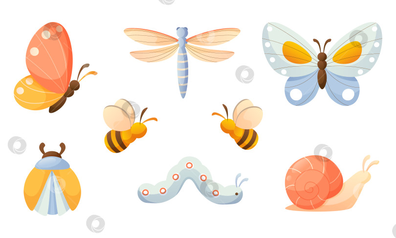 Скачать Набор с милыми насекомыми. Весенне-летние насекомые. Бабочка, стрекоза, пчелы, улитка, гусеница, жук. Красочная векторная иллюстрация, клипарт для оформления детских книг, праздничная открытка, летний плакат фотосток Ozero