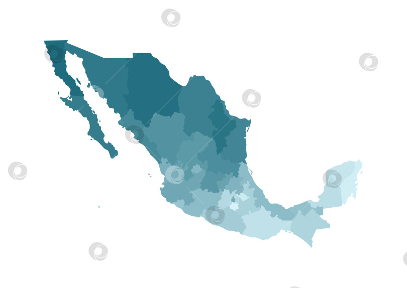 Скачать Векторная изолированная иллюстрация упрощенной административной карты Мексики, Мексиканских Соединенных Штатов. Границы регионов. Красочные силуэты синего цвета хаки фотосток Ozero