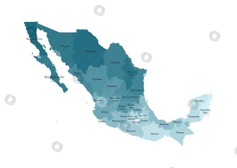 Скачать Векторная изолированная иллюстрация упрощенной административной карты Мексики, Мексиканских Соединенных Штатов. Границы и названия регионов. Красочные силуэты синего цвета хаки фотосток Ozero