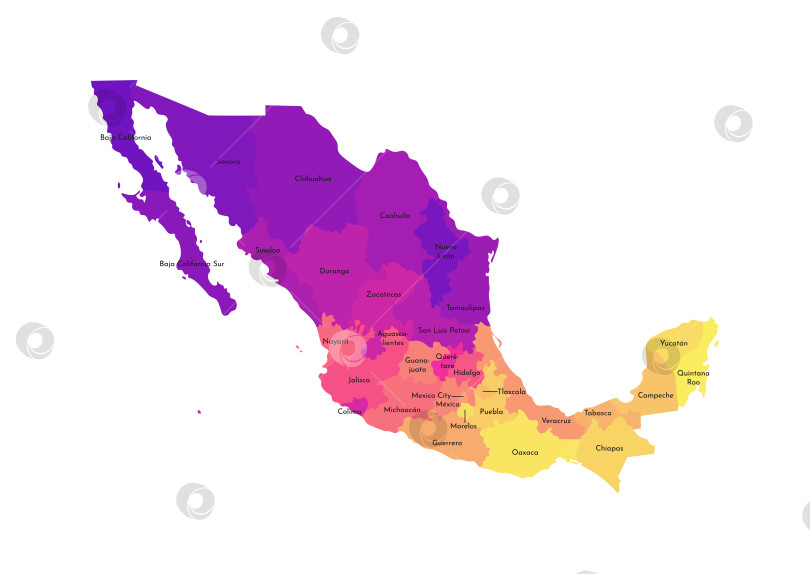 Скачать Векторная изолированная иллюстрация упрощенной административной карты Мексики, Мексиканских Соединенных Штатов. Границы и названия регионов. Разноцветные силуэты. фотосток Ozero