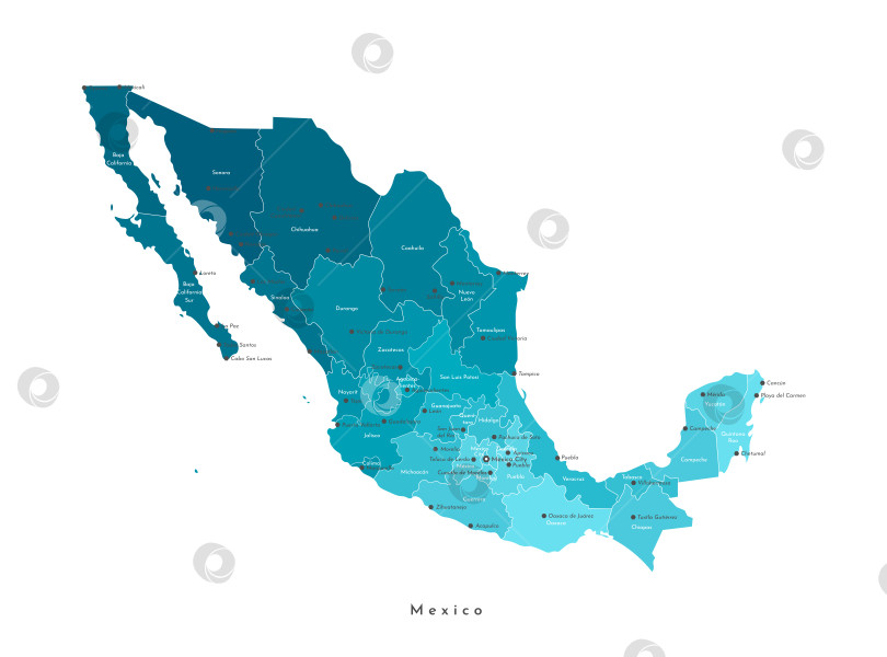 Скачать Векторная изолированная иллюстрация. Упрощенная административная карта Мексики, Мексиканских Соединенных Штатов. Синие очертания регионов. Названия мексиканских городов и штатов фотосток Ozero