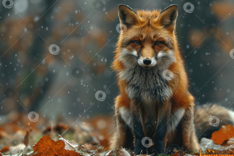 Скачать Рыжая лиса (Vulpes vulpes) в лесу во время снегопада. фотосток Ozero