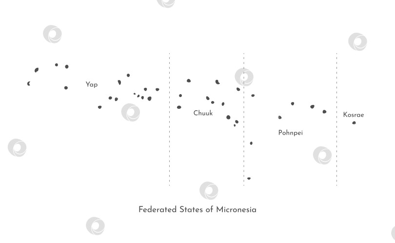 Скачать Векторная изолированная иллюстрация упрощенной административной карты Федеративных штатов Микронезии. Границы и названия штатов Чуук, Косраэ, Понпеи, Яп. Черные силуэты фотосток Ozero