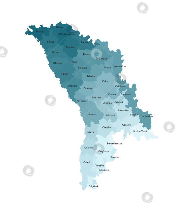 Скачать Векторная изолированная иллюстрация упрощенной административной карты Молдовы. Границы и названия районов. Красочные силуэты синего цвета хаки. фотосток Ozero