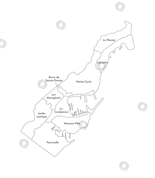 Скачать Векторная изолированная иллюстрация упрощенной административной карты Монако. Границы и названия регионов. Силуэты в виде черных линий. фотосток Ozero