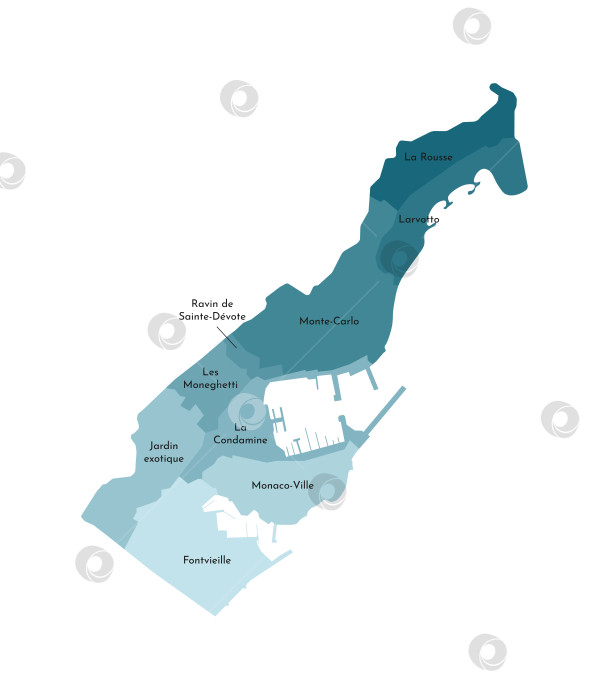 Скачать Векторная изолированная иллюстрация упрощенной административной карты Монако. Границы и названия регионов. Красочные силуэты синего цвета хаки фотосток Ozero