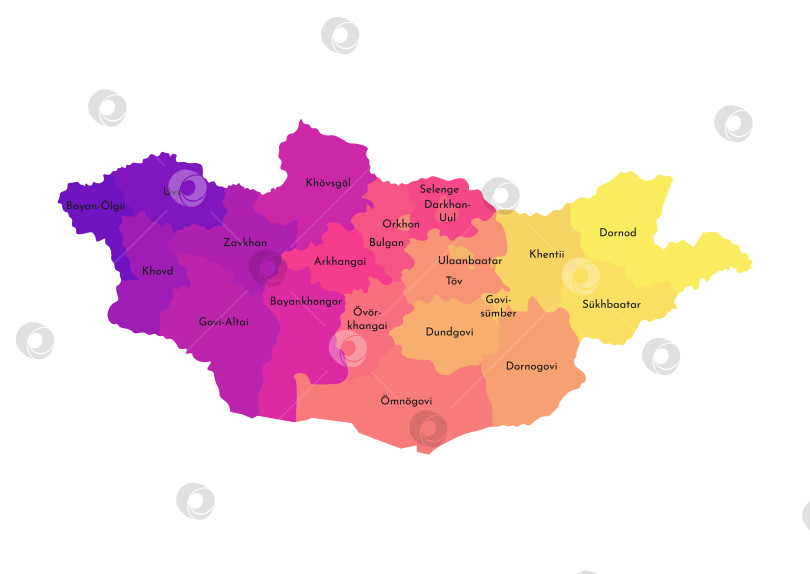 Скачать Векторная изолированная иллюстрация упрощенной административной карты Монголии. Границы и названия регионов. Разноцветные силуэты. фотосток Ozero