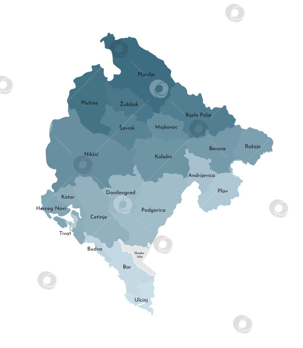 Скачать Векторная изолированная иллюстрация упрощенной административной карты Черногории. Границы и названия регионов. Красочные силуэты синего цвета хаки. фотосток Ozero