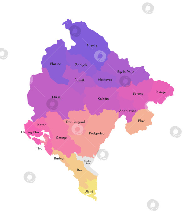 Скачать Векторная изолированная иллюстрация упрощенной административной карты Черногории. Границы и названия регионов. Разноцветные силуэты. фотосток Ozero