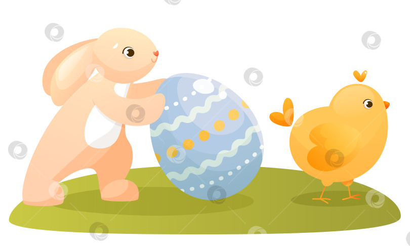 Скачать Пасхальный кролик, цыпленок и раскрашенное пасхальное яйцо. Милый розовый кролик толкает пасхальное яйцо вперед, желтый цыпленок уходит, охотится за яйцами. Милые персонажи для пасхальной открытки или детской книги фотосток Ozero