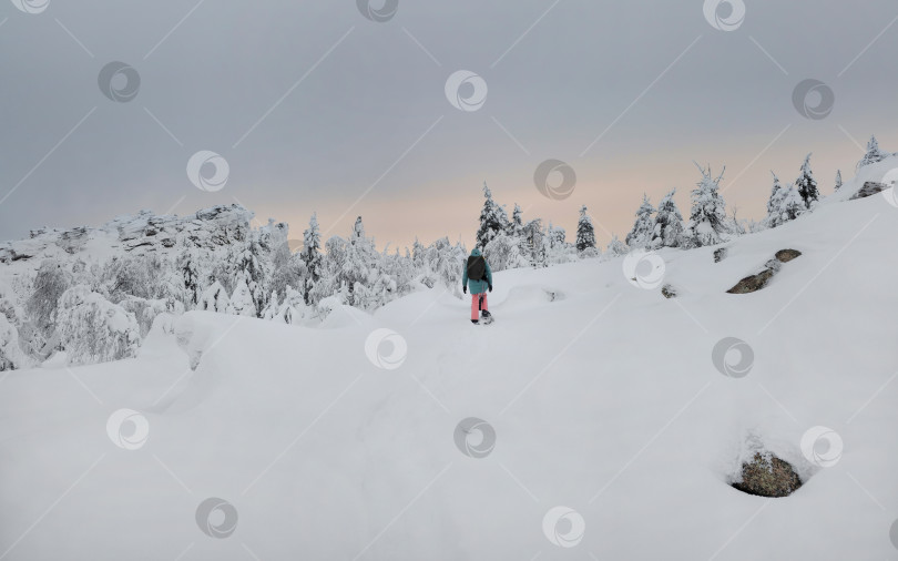Скачать Полярная экспедиция, путешественник на снегоступах прогуливается фотосток Ozero