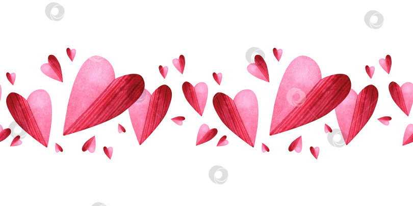 Скачать Узор: набор розовых сердечек. Горизонтальная бесшовная кайма. Украшение на День Святого Валентина. Акварельная иллюстрация для рамки, баннера, текстиля, оформления фона фотосток Ozero