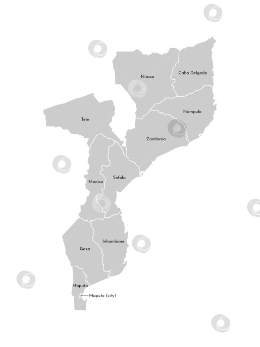 Скачать Векторная изолированная иллюстрация упрощенной административной карты Мозамбика. Границы и названия провинций, регионов. Серые силуэты. Белый контур фотосток Ozero