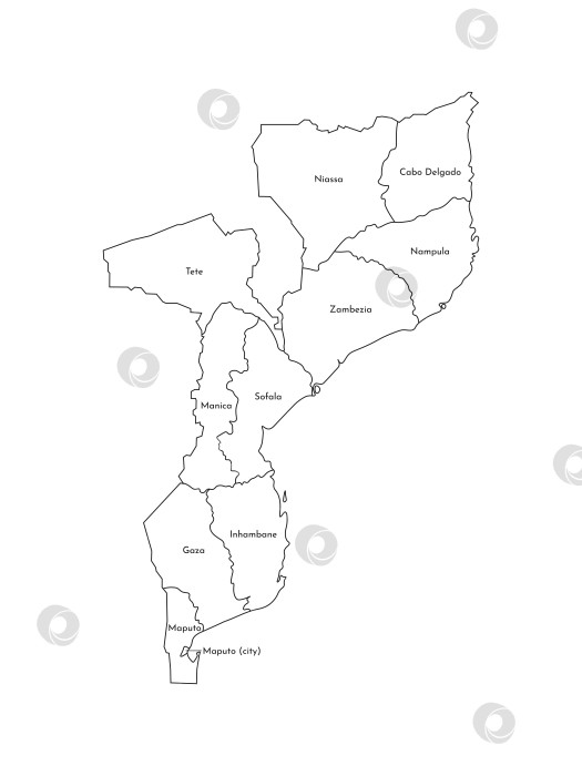 Скачать Векторная изолированная иллюстрация упрощенной административной карты Мозамбика. Границы и названия провинций, регионов. Силуэты черными линиями. фотосток Ozero