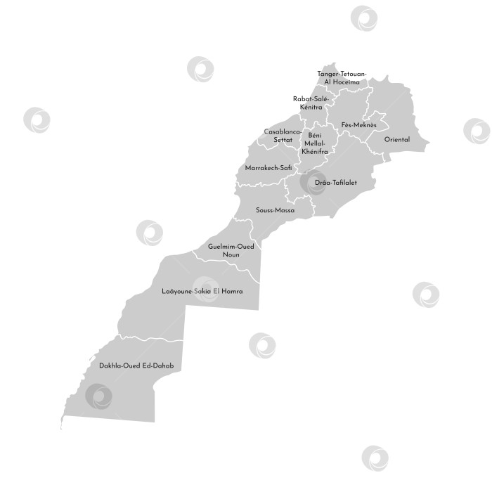 Скачать Векторная изолированная иллюстрация упрощенной административной карты Марокко, включающей спорную территорию Западная Сахара. Границы и названия регионов. Серые силуэты. Белый контур. фотосток Ozero