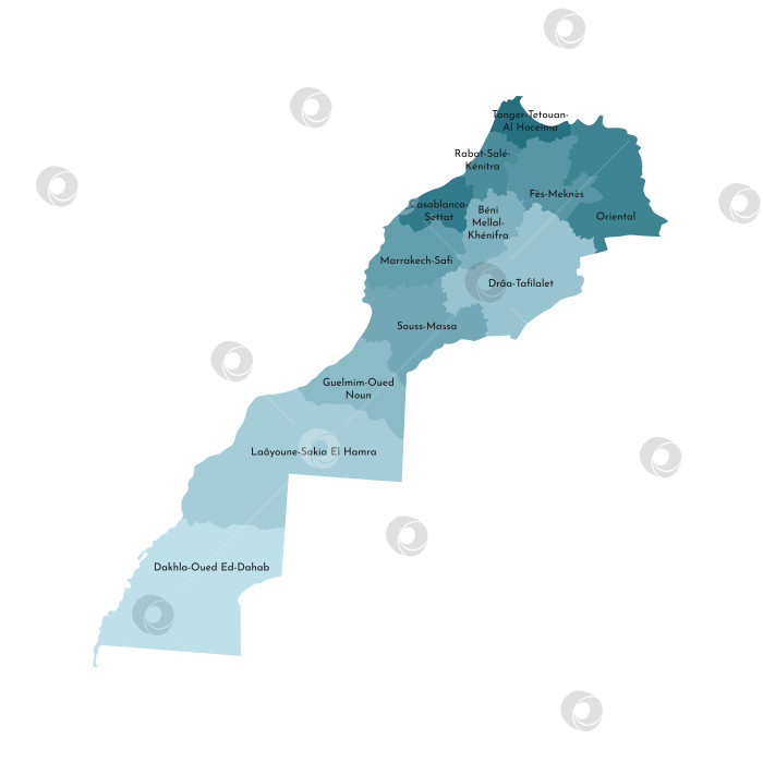 Скачать Векторная изолированная иллюстрация упрощенной административной карты Марокко, включая спорную территорию Западная Сахара. Границы и названия регионов. Красочные силуэты синего цвета хаки фотосток Ozero