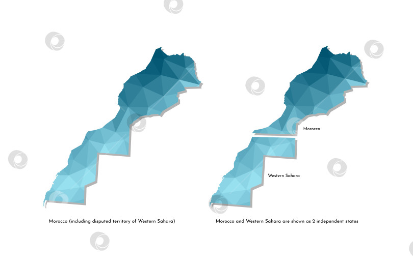 Скачать Значок векторной изолированной иллюстрации с упрощенным синим силуэтом Марокко и Западной Сахары как 1 страны и как 2 независимых государства. Полигональный геометрический стиль. Белый фон. фотосток Ozero