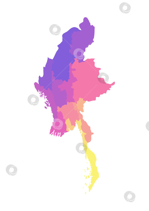 Скачать Векторная изолированная иллюстрация упрощенной административной карты Мьянмы. Границы и названия регионов. Разноцветные силуэты. фотосток Ozero