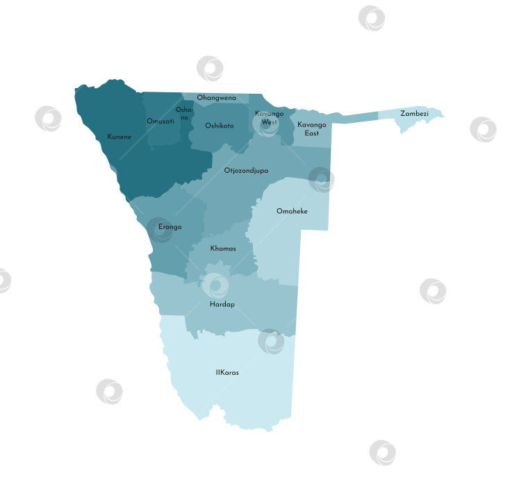 Скачать Векторная изолированная иллюстрация упрощенной административной карты Намибии. Границы и названия регионов. Красочные силуэты синего цвета хаки фотосток Ozero