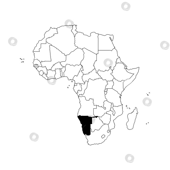 Скачать Векторная изолированная иллюстрация с изображением Африканского континента с границами государств. Политическая карта Намибии с черным контуром. Белый фон. фотосток Ozero