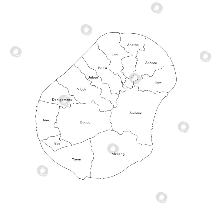 Скачать Векторная изолированная иллюстрация упрощенной административной карты Науру. Границы и названия округов, областей. Силуэты черных линий. фотосток Ozero