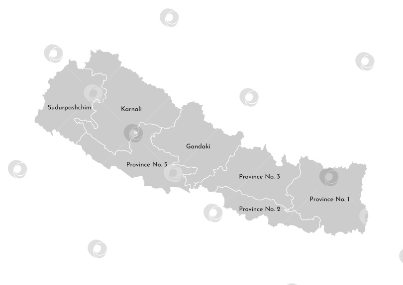 Скачать Векторная изолированная иллюстрация упрощенной административной карты Непала. Границы и названия провинций, регионов. Серые силуэты. Белый контур фотосток Ozero