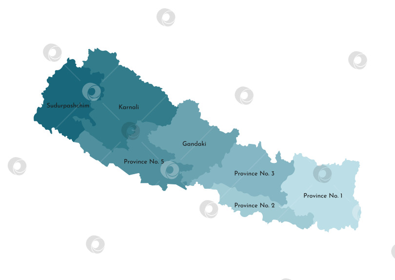 Скачать Векторная изолированная иллюстрация упрощенной административной карты Непала. Границы и названия провинций. Красочные силуэты синего цвета хаки фотосток Ozero