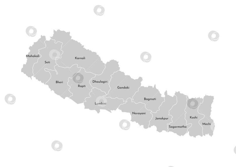Скачать Векторная изолированная иллюстрация упрощенной административной карты Непала. Границы и названия зон, регионов. Серые силуэты. Белый контур. фотосток Ozero