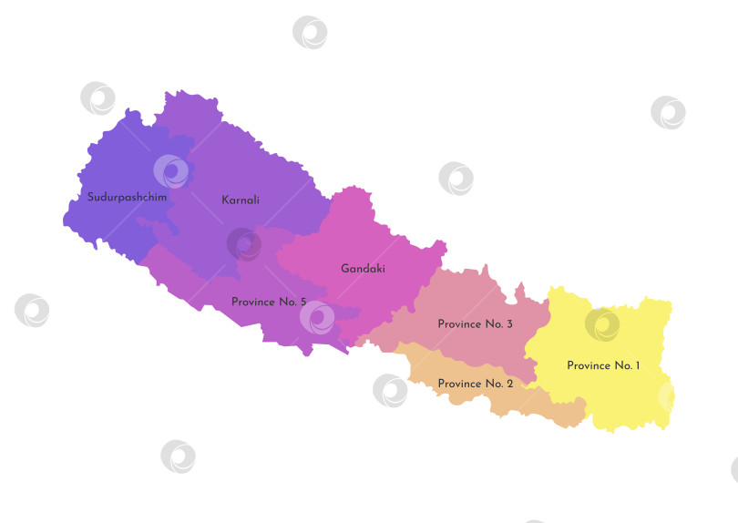 Скачать Векторная изолированная иллюстрация упрощенной административной карты Непала. Границы и названия провинций. Разноцветные силуэты. фотосток Ozero