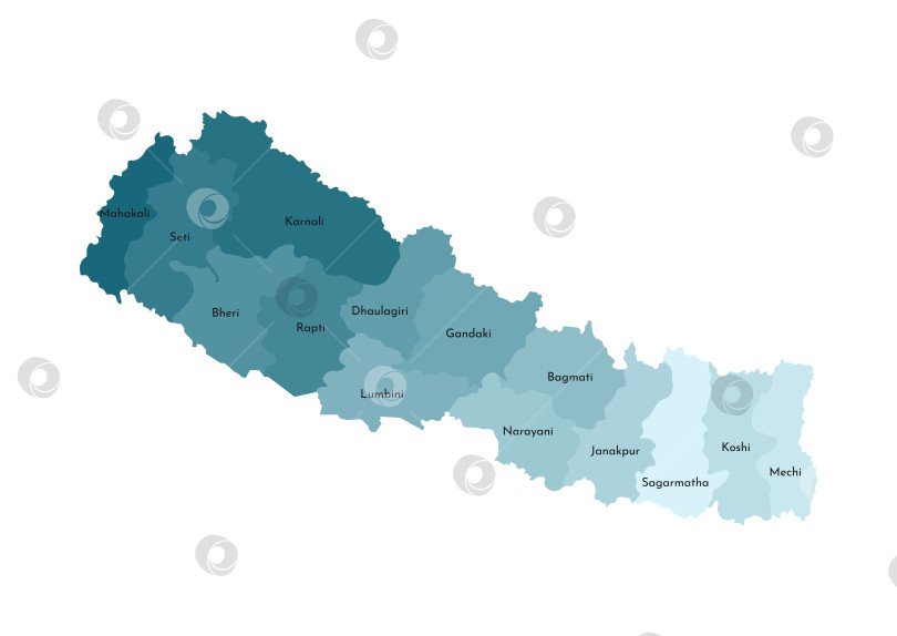 Скачать Векторная изолированная иллюстрация упрощенной административной карты Непала. Границы и названия зон. Красочные силуэты синего цвета хаки. фотосток Ozero
