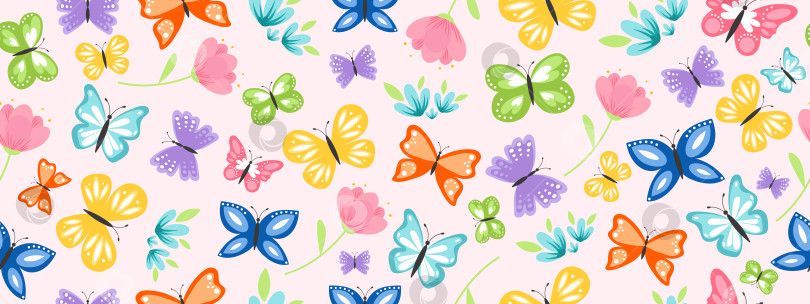 Скачать Милые мультяшные бабочки с цветами. Бесшовный весенне-летний узор. фотосток Ozero
