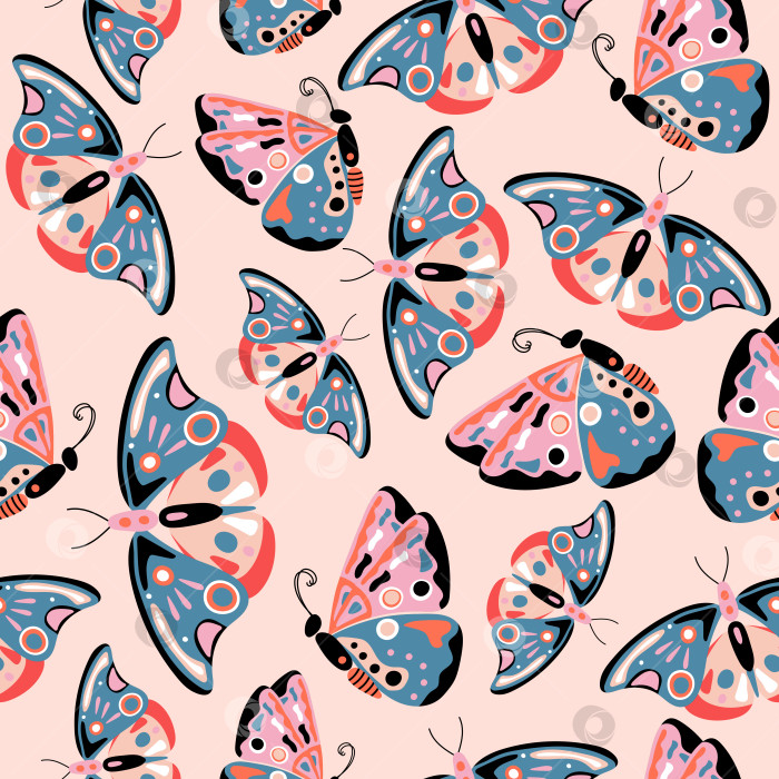 Скачать Красочные бабочки, нарисованные от руки. Бесшовный узор для тканей, обоев, обложек, полотна, упаковки. фотосток Ozero
