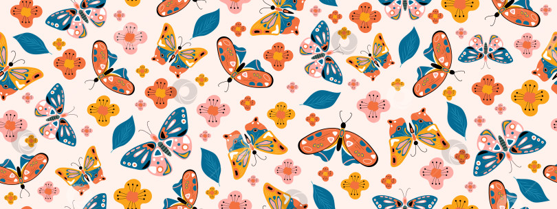 Скачать Красочные бабочки, нарисованные от руки. Бесшовный узор для тканей, обоев, чехлов, упаковки. фотосток Ozero