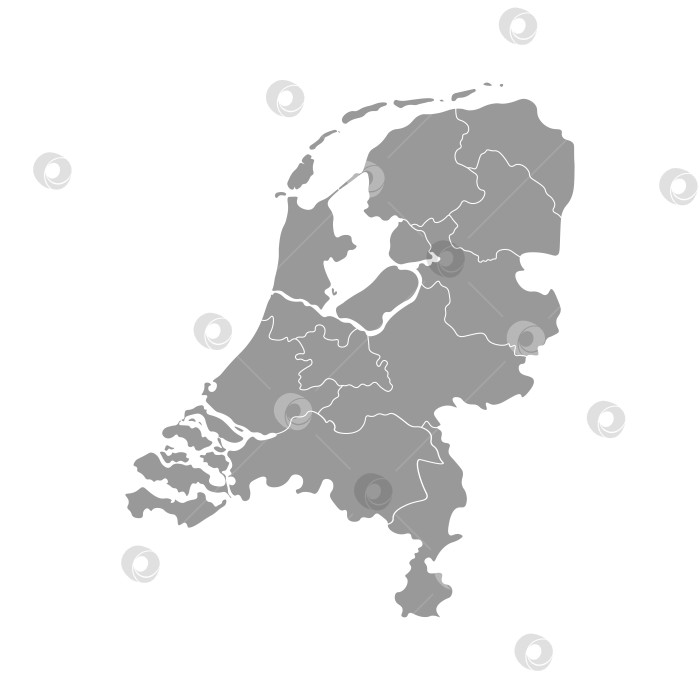 Скачать Векторная изолированная упрощенная иллюстрация с серым силуэтом провинций Нидерландов. Выбранные административные подразделения. Белый контур и фон фотосток Ozero