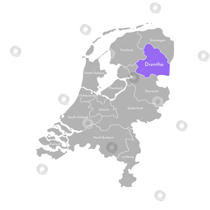 Скачать Векторная изолированная упрощенная иллюстрация с серым силуэтом провинций Нидерландов. Выбранное административное деление Дренте. Белый контур и фон фотосток Ozero