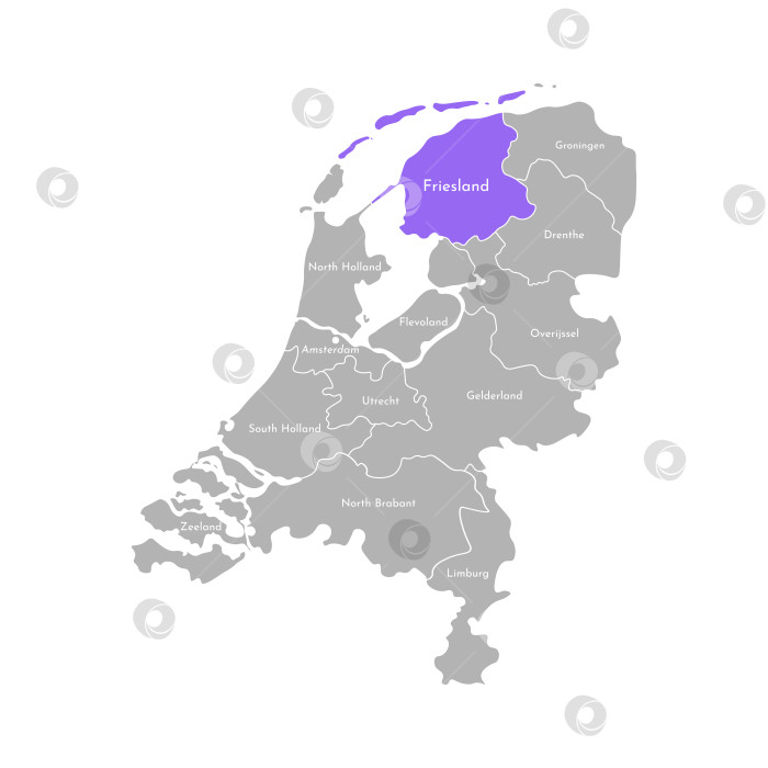 Скачать Векторная изолированная упрощенная иллюстрация с серым силуэтом провинций Нидерландов. Выбранное административное деление Фрисландия. Белый контур и фон фотосток Ozero