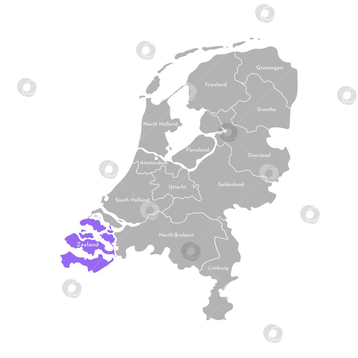 Скачать Векторная изолированная упрощенная иллюстрация с серым силуэтом провинций Нидерландов. Выбранное административное деление Зеландия. Белый контур и фон фотосток Ozero