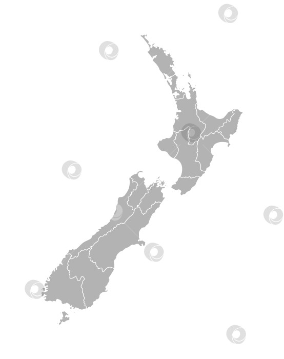 Скачать Векторная изолированная иллюстрация упрощенной административной карты Новой Зеландии. Границы регионов. Серые силуэты. Белый контур фотосток Ozero