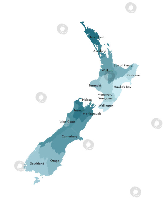 Скачать Векторная изолированная иллюстрация упрощенной административной карты Новой Зеландии. Границы и названия регионов. Красочные силуэты синего цвета хаки фотосток Ozero