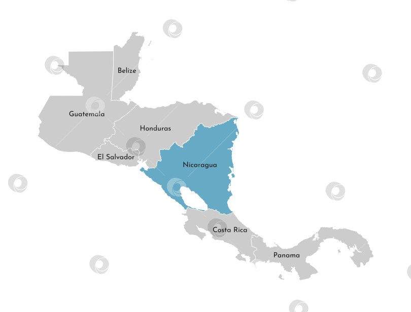 Скачать Векторная иллюстрация с упрощенной картой региона Центральной Америки с синим контуром Никарагуа. Серые силуэты, белый контур границы штатов. фотосток Ozero