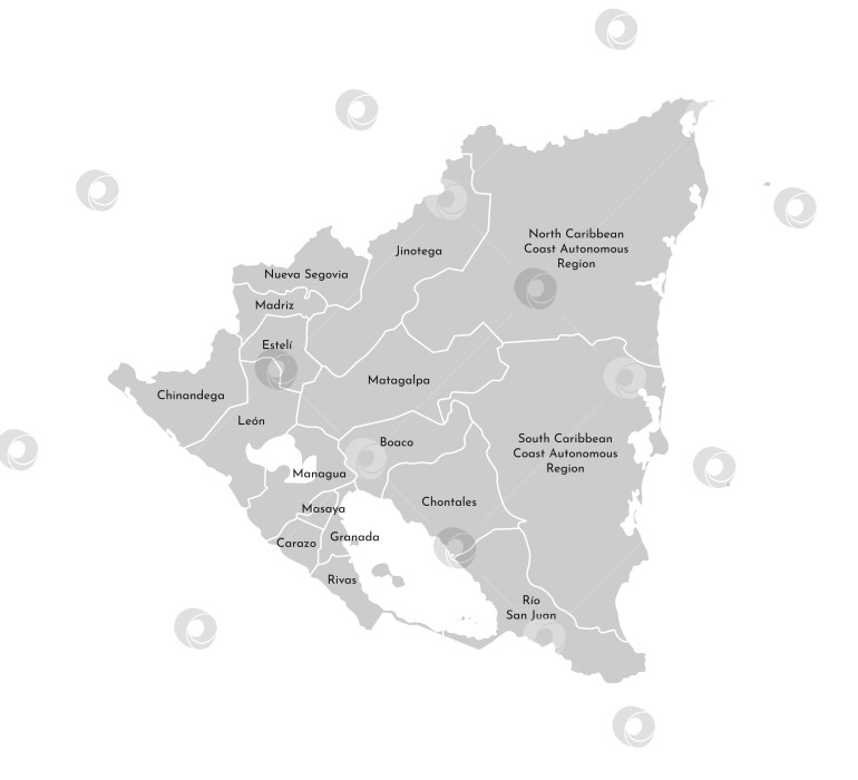 Скачать Векторная изолированная иллюстрация упрощенной административной карты Никарагуа. Границы и названия департаментов, регионов. Серые силуэты. Белый контур фотосток Ozero