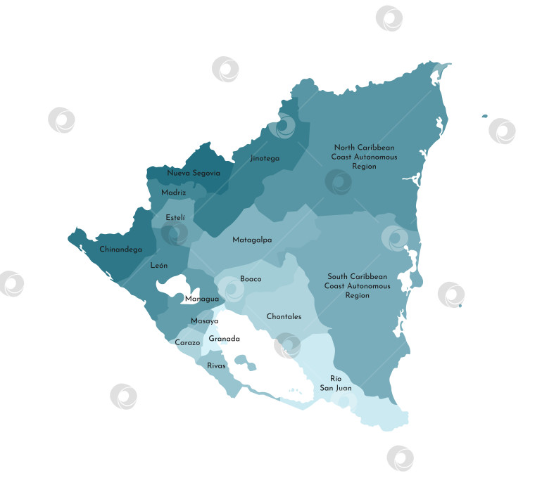 Скачать Векторная изолированная иллюстрация упрощенной административной карты Никарагуа. Границы и названия департаментов, регионов. Красочные силуэты синего цвета хаки фотосток Ozero