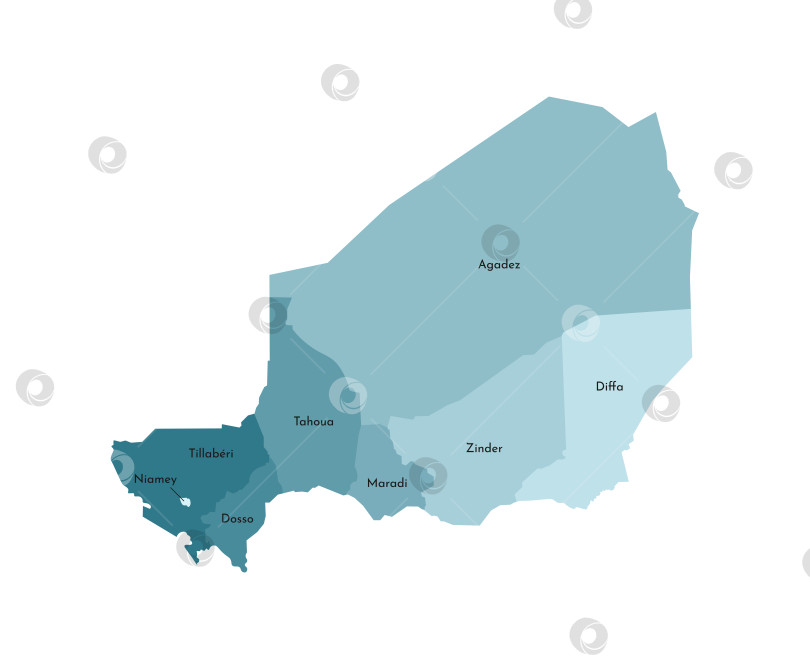 Скачать Векторная изолированная иллюстрация упрощенной административной карты Нигера. Границы и названия регионов. Красочные силуэты синего цвета хаки фотосток Ozero