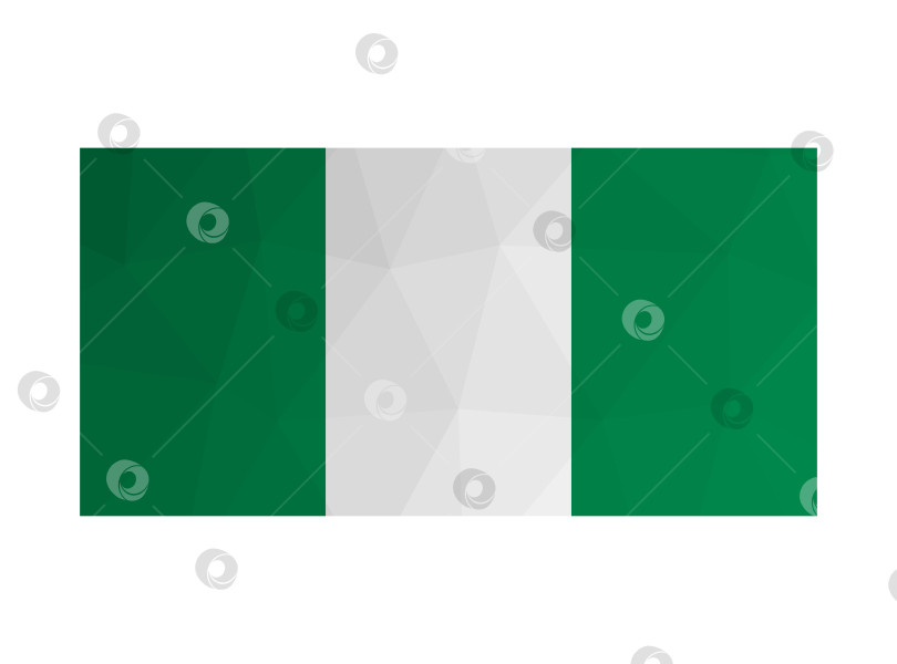 Скачать Векторная изолированная иллюстрация. Национальный флаг Нигерии с вертикальными двумя зелеными и одной белой полосами. Официальный символ Нигерии. Креативный дизайн в низкополигональном стиле с треугольными формами. Эффект градиента. фотосток Ozero