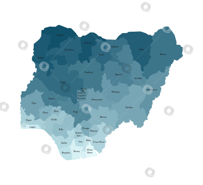 Скачать Векторная изолированная иллюстрация упрощенной административной карты Нигерии. Границы и названия регионов. Красочные силуэты синего цвета хаки. фотосток Ozero