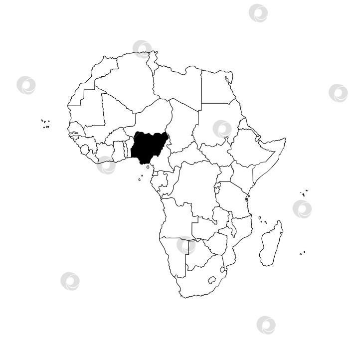 Скачать Векторная изолированная иллюстрация с изображением Африканского континента с границами государств. Политическая карта Республики Нигерия с черным контуром. Белый фон. фотосток Ozero